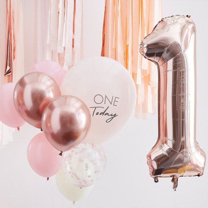 mix 375   pink and rose gold one today balloon bundle min
